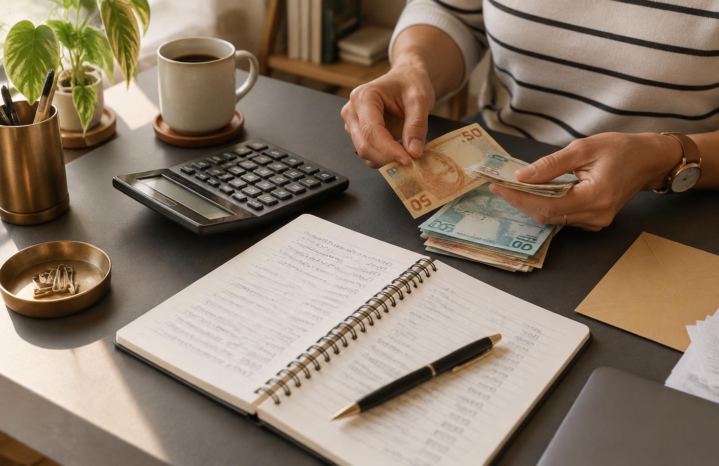 Organização do capital inicial com registros, calculadora e dinheiro separado
